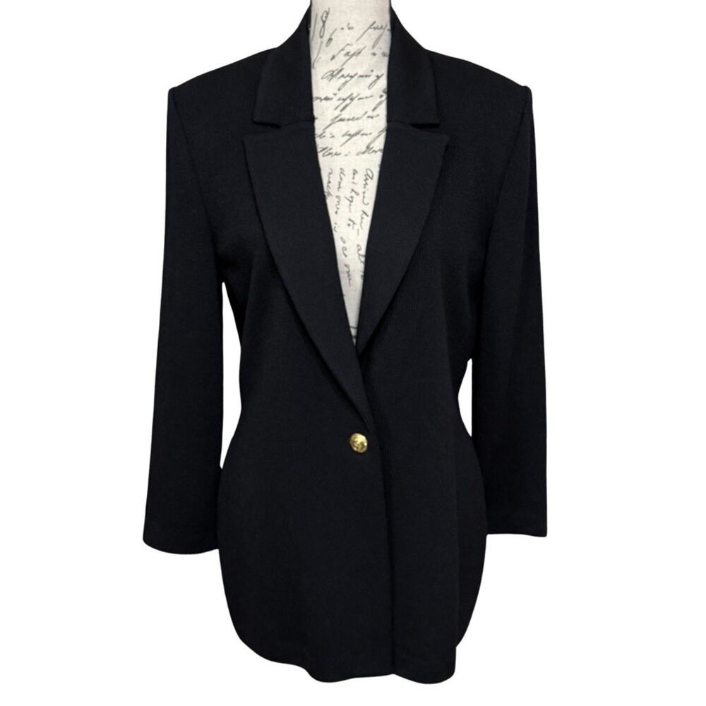 Vintage St John Basics SANTANA KNIT One Button Blazer Size 8 BLACK Shoulder Pads